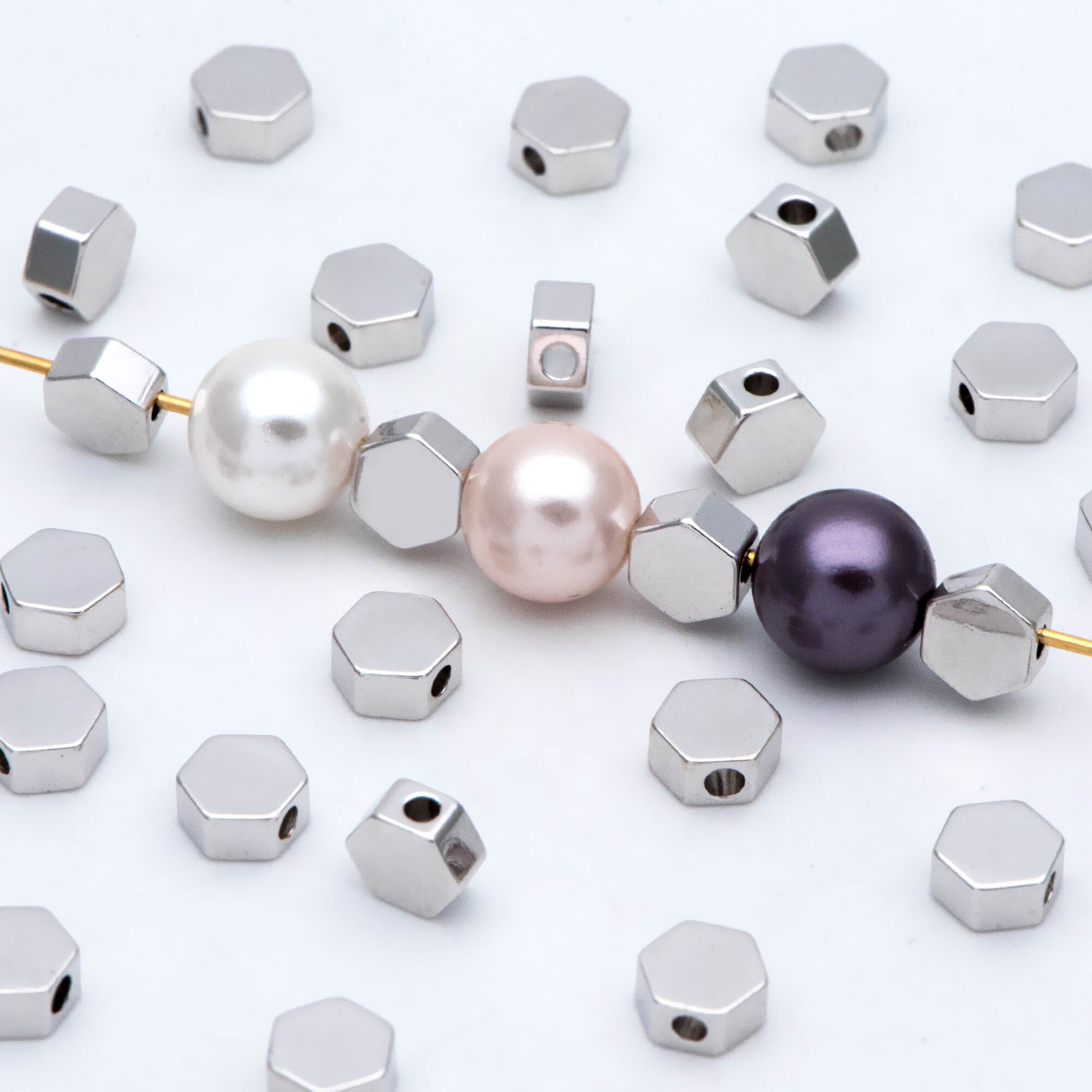 20pcs Gold/ Silver tone Hexagon Flat Spacer Beads 5/ 6mm, Gold/ Rhodium plated Brass Flat Spacer Beads (GB-118)
